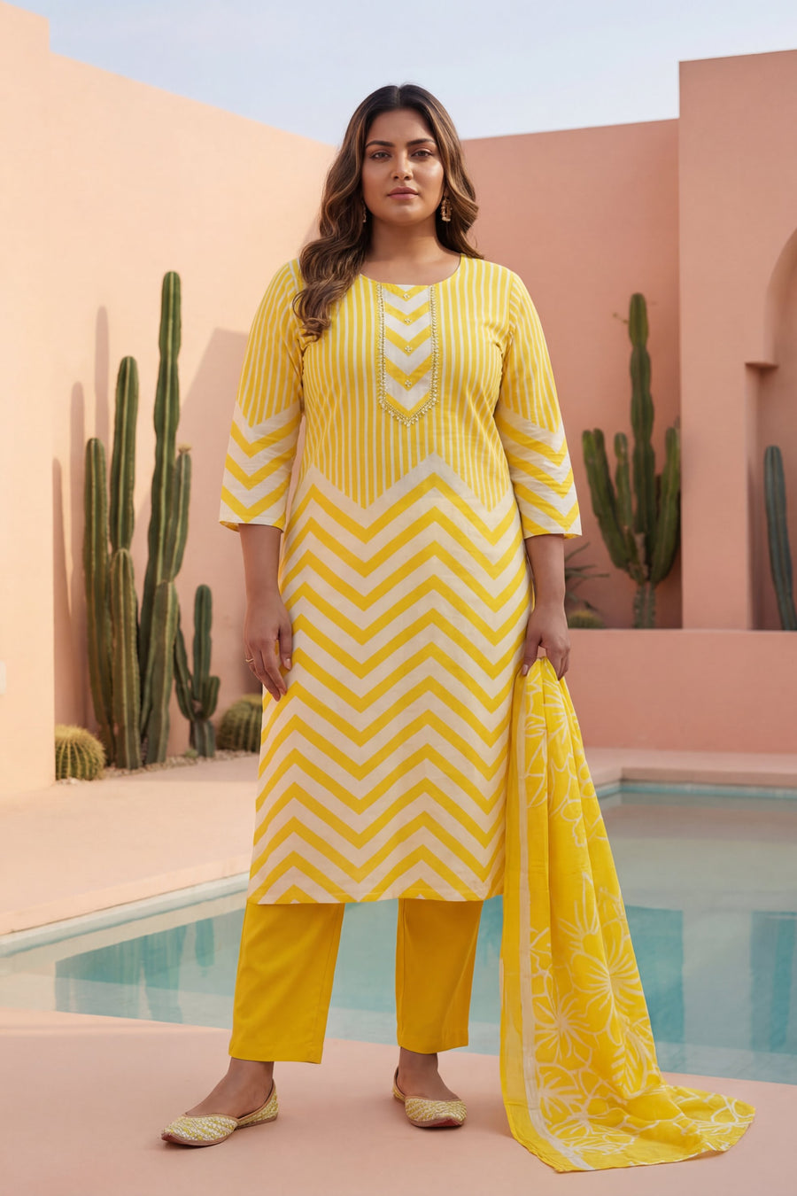 Solar Zigzag Bloom Chevron Cotton Dupatta Set — image 5
