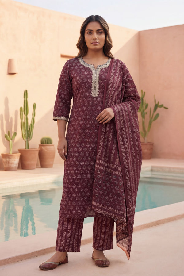 Wine Ditsy Gold Trim Floral Cotton Dupatta Set