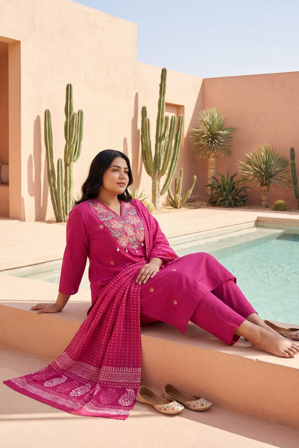 Magenta Cowrie Bloom Embroidered Cotton Dupatta Set