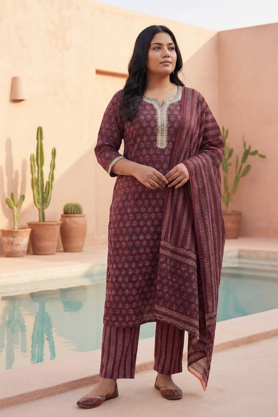 Wine Ditsy Gold Trim Floral Cotton Dupatta Set — image 10