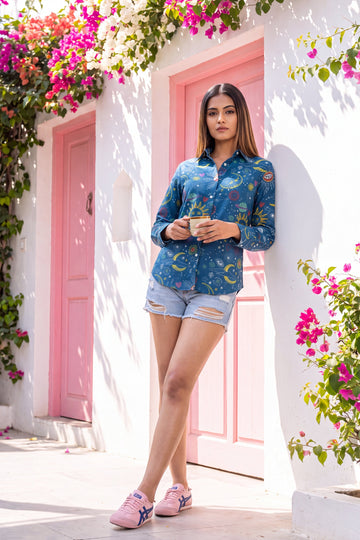 Teal Wave Cotton Shirt