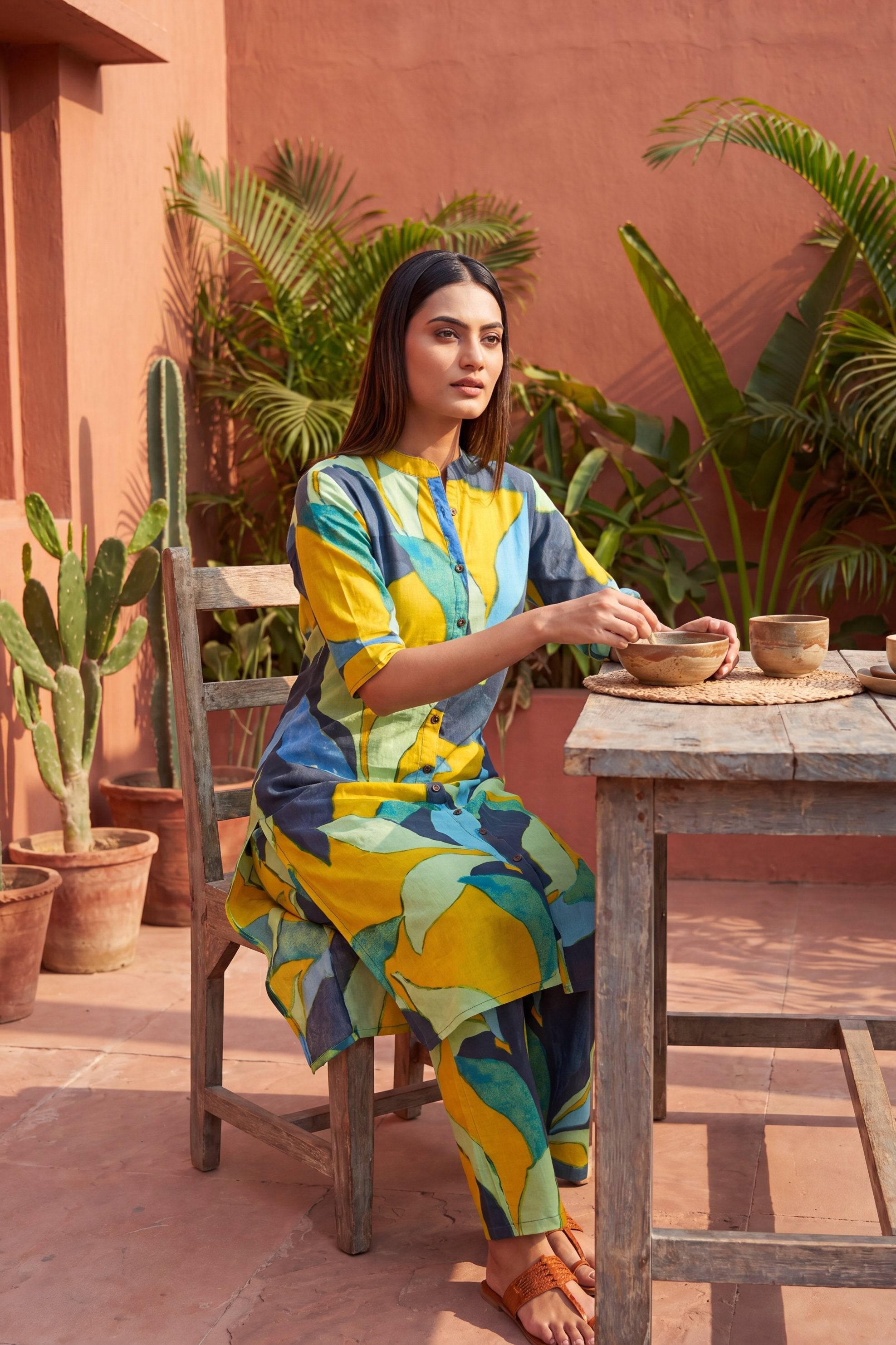 Café Mustard Mandarin Cotton Co-ord Set