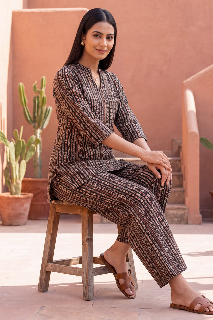 Cocoa Stripe Angrakha Cotton Co-ord Set — image 11