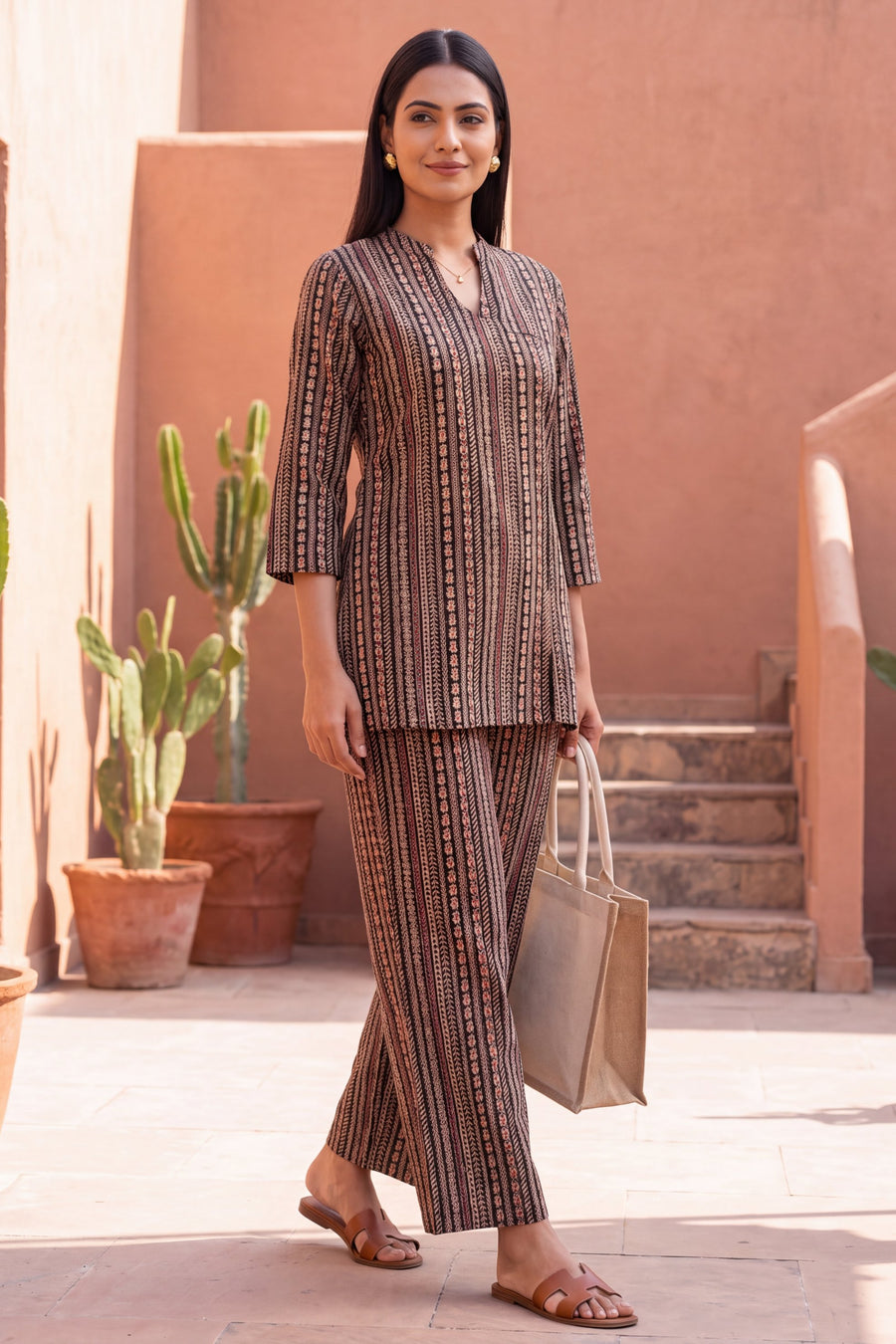 Cocoa Stripe Angrakha Cotton Co-ord Set — image 12