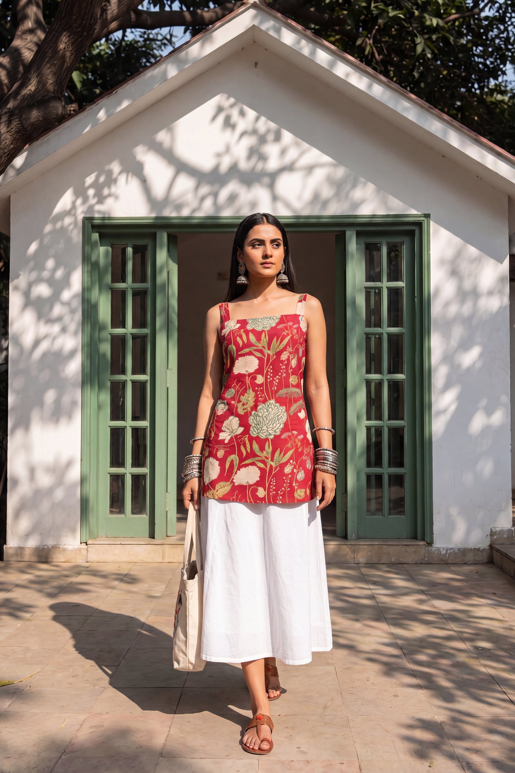 Crimson Bloom Square Neck Cotton Top