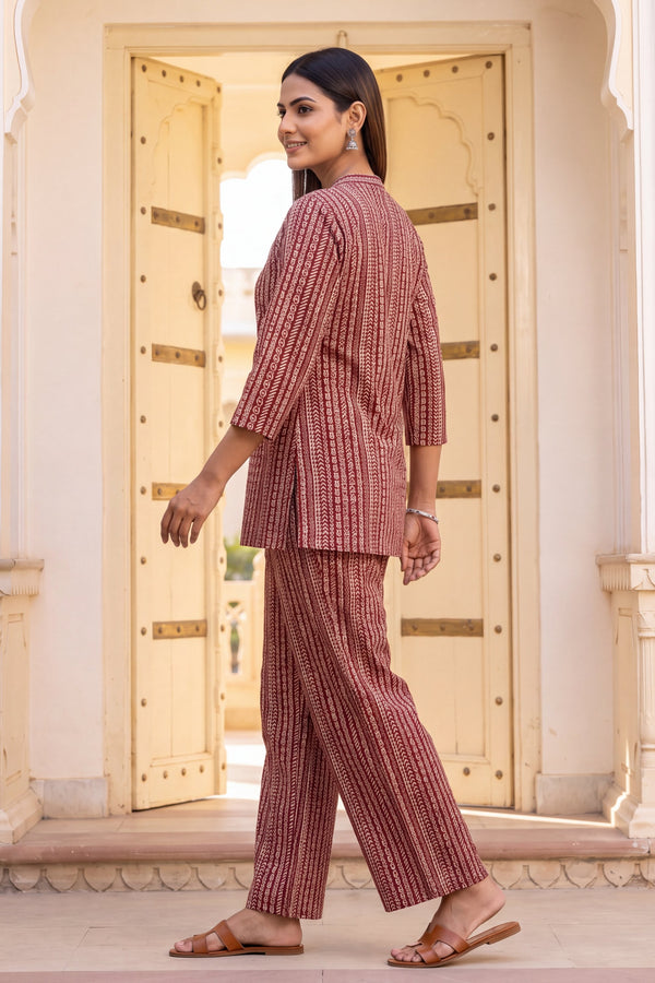 Wine Stripe Angrakha Cotton Co-ord Set