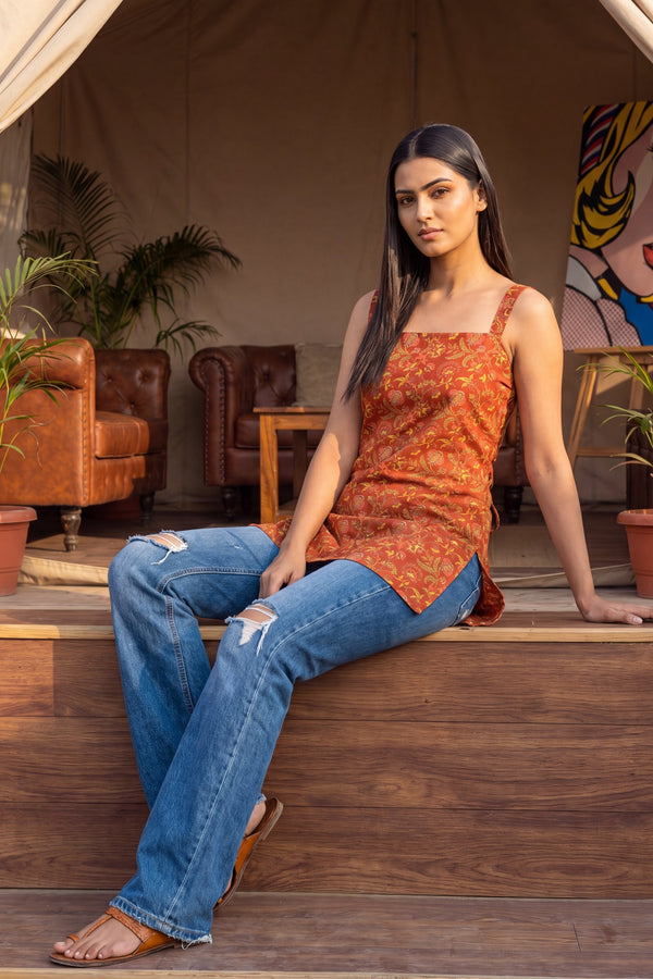 Sunlit Orange Square Neck Cotton Top