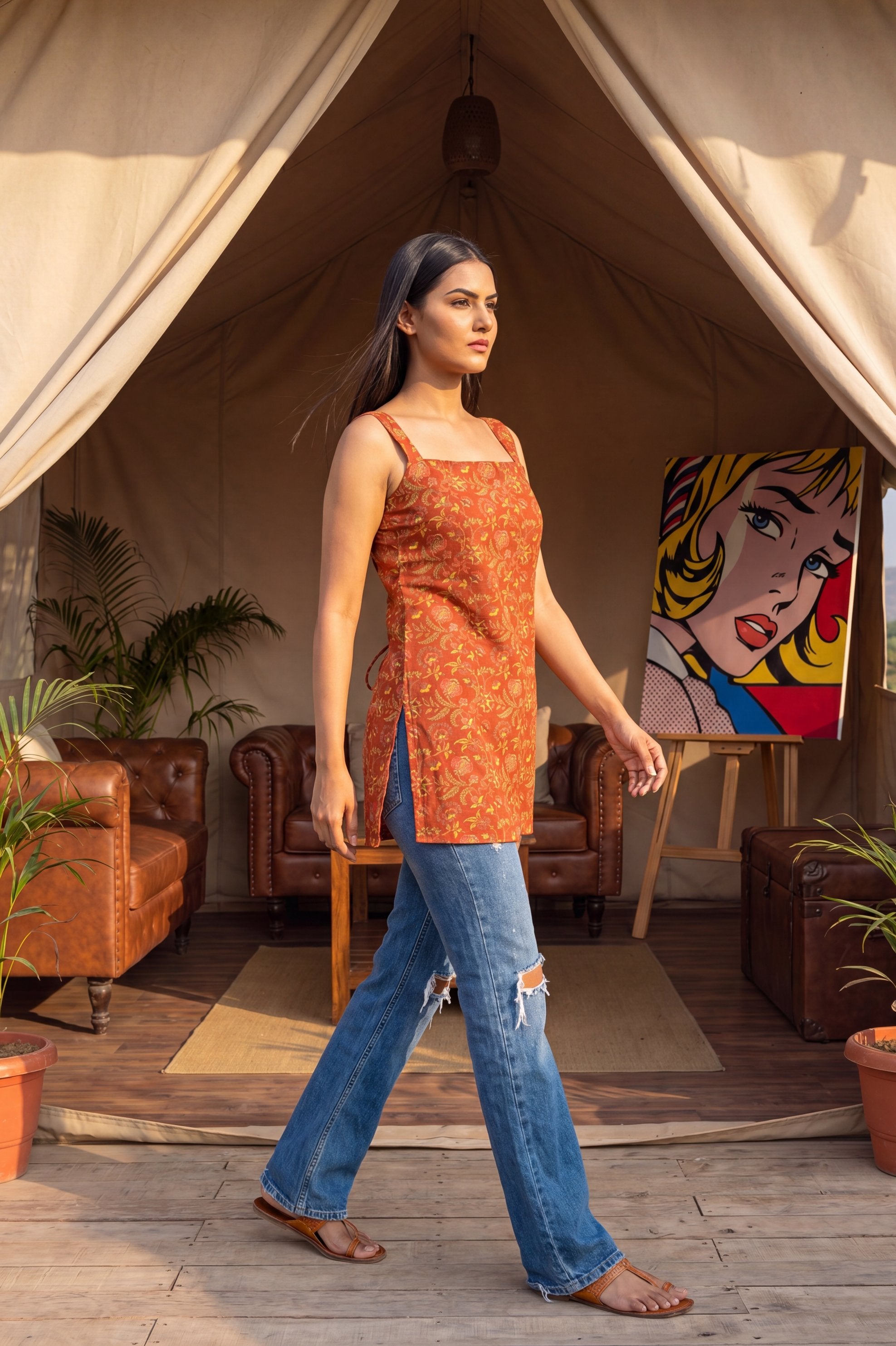 Sunlit Orange Square Neck Cotton Top