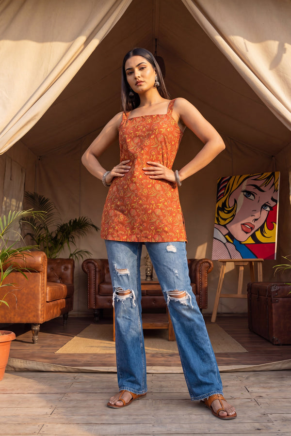 Sunlit Orange Square Neck Cotton Top