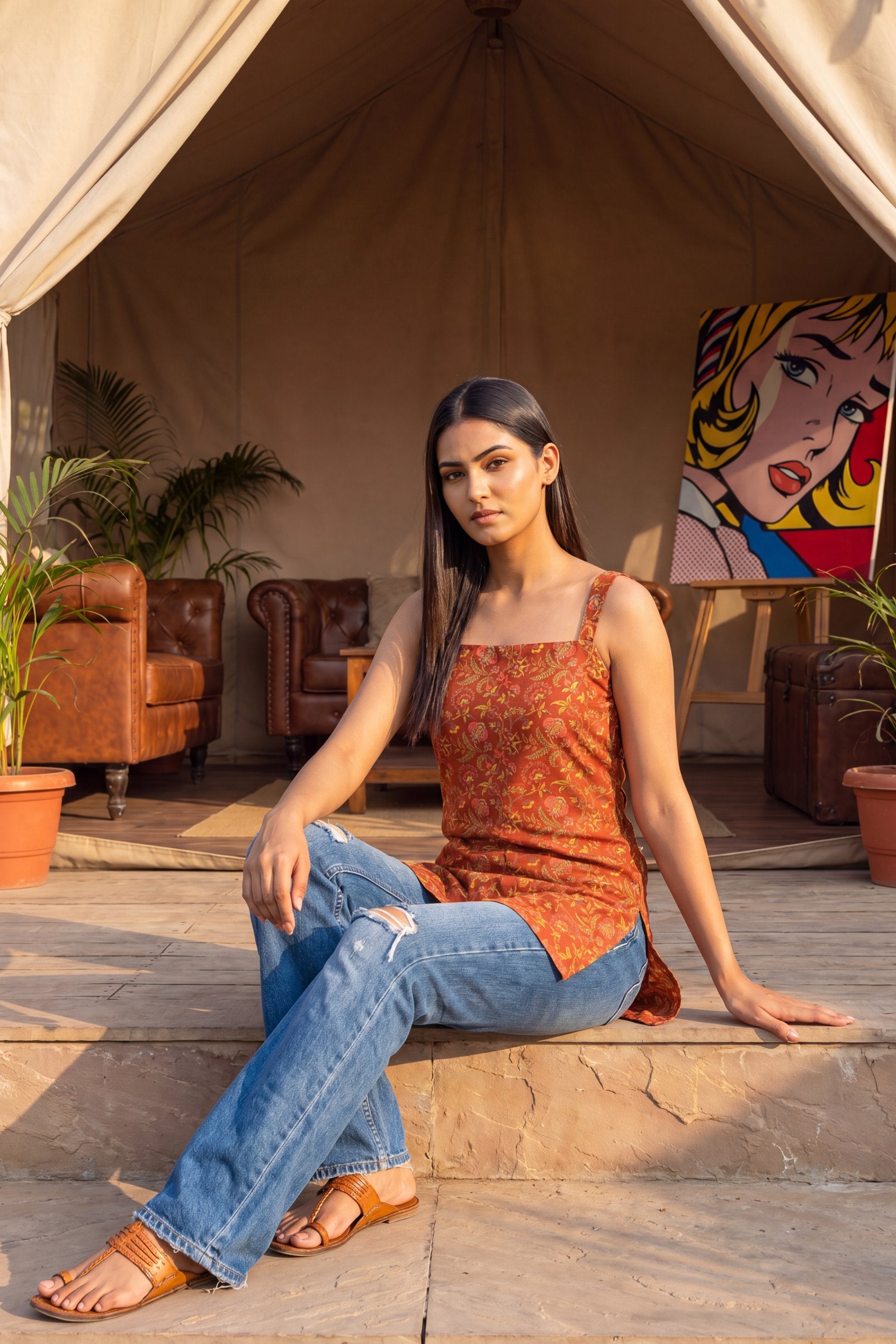 Sunlit Orange Square Neck Cotton Top