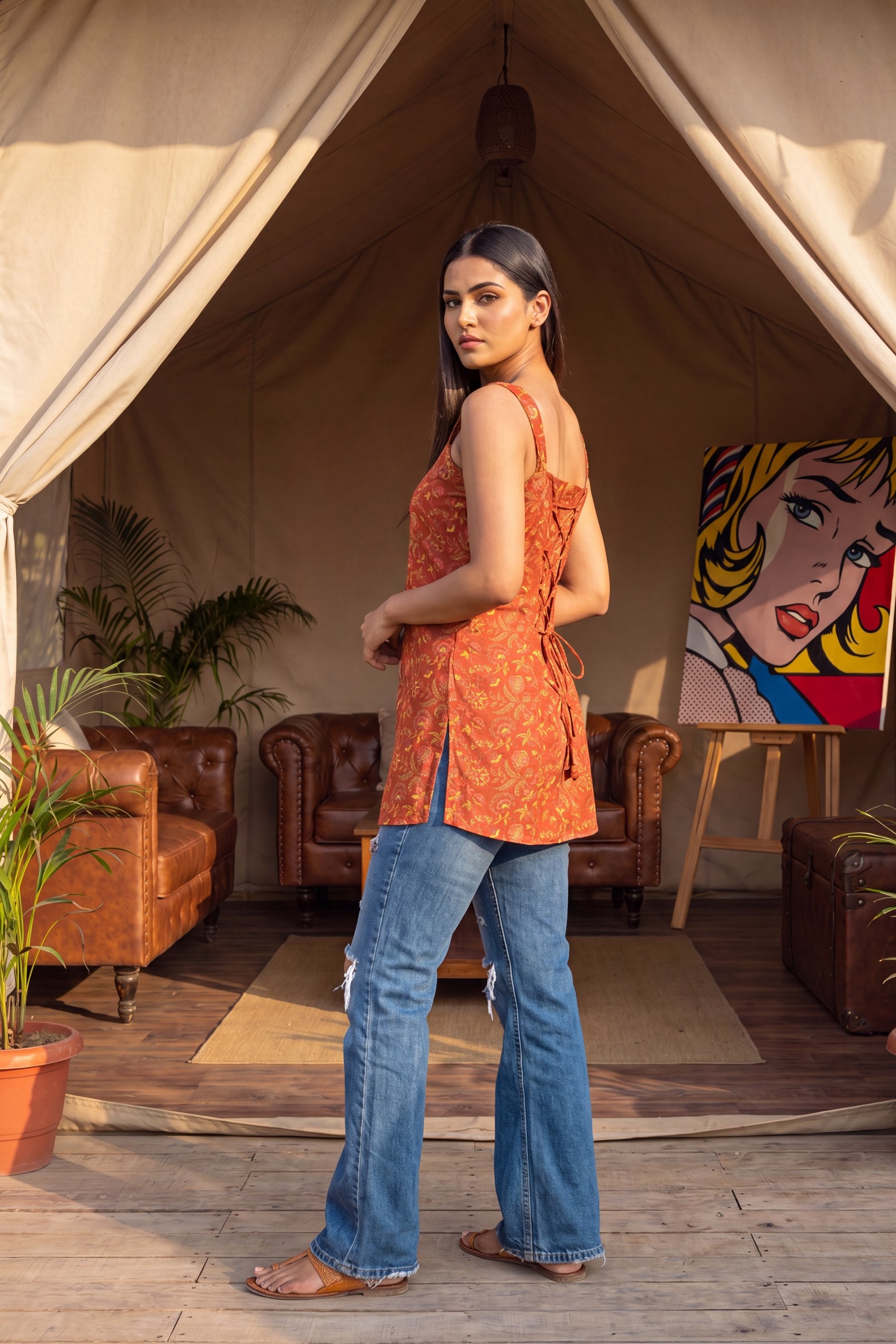 Sunlit Orange Square Neck Cotton Top