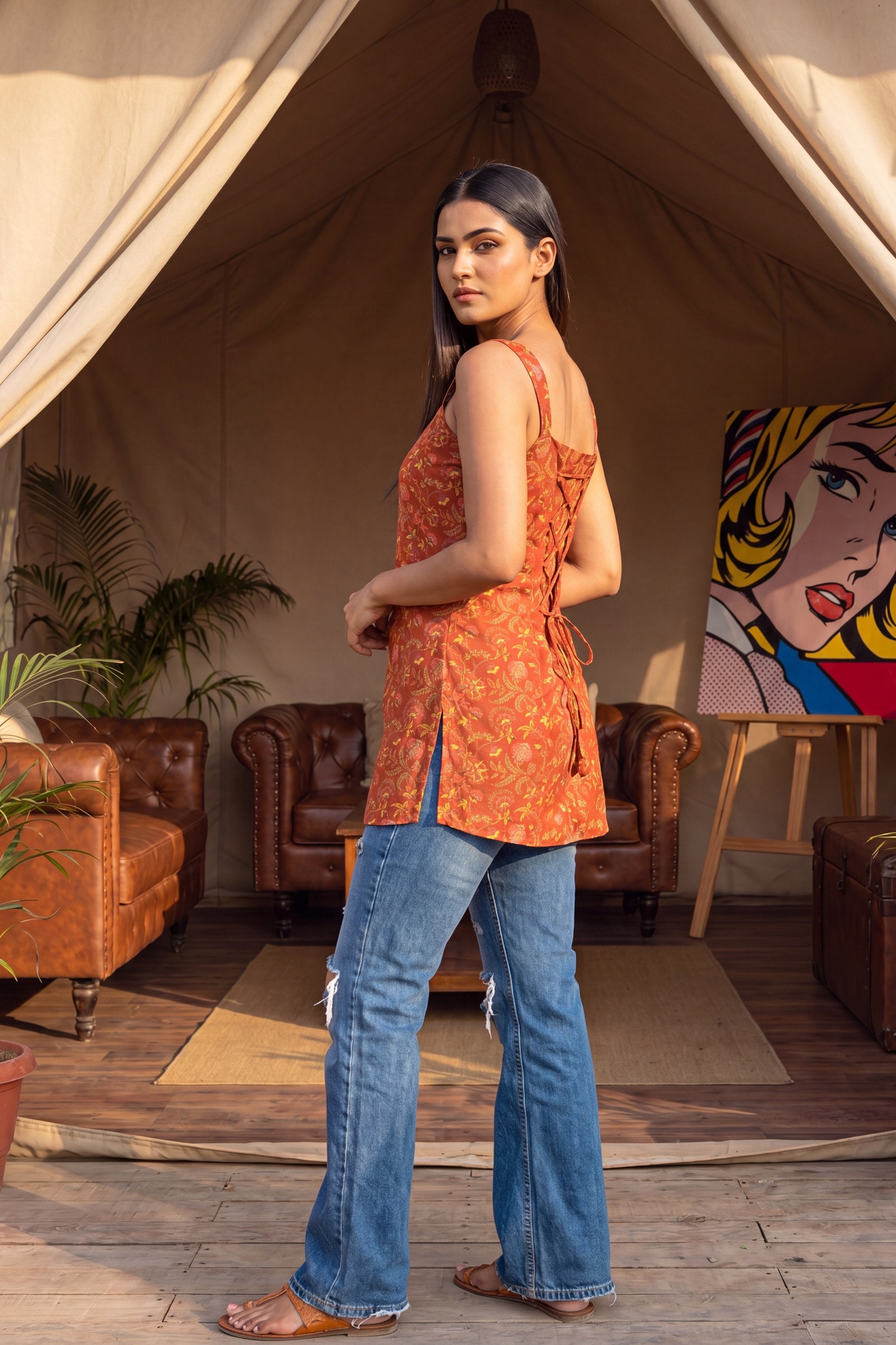 Sunlit Orange Square Neck Cotton Top