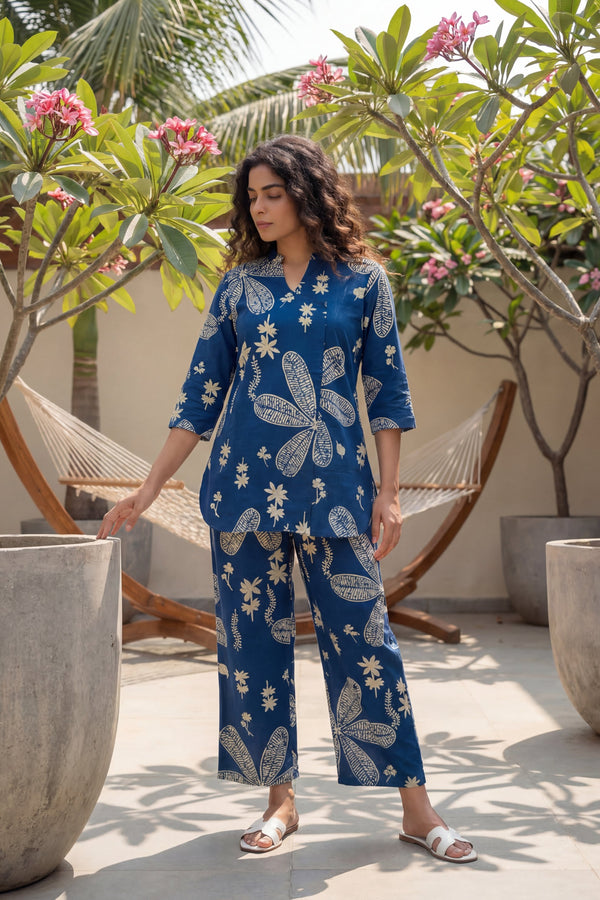 Garden Reverie Royal Blue Cotton Angrakha Co-ord Set