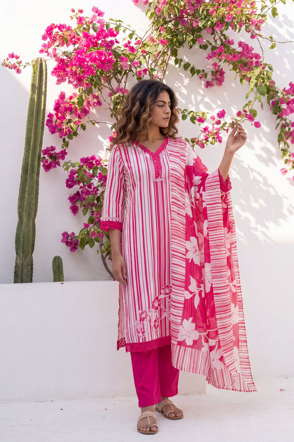 Amber Dusk Striped Floral Cotton Suit Set