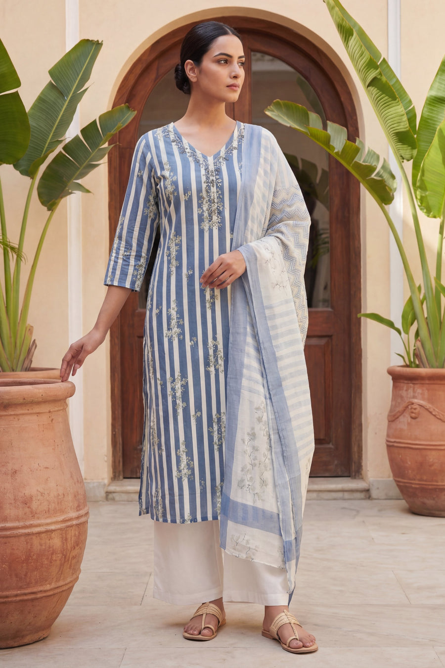 Slate Sprig Elegance Stripe Cotton Dupatta Set — image 10