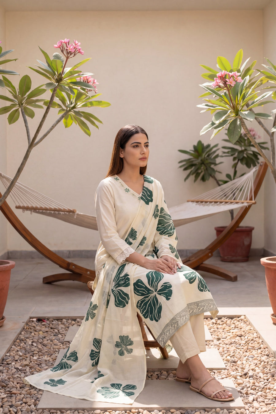Sheesham Grove Ivory Leaf Print Cotton Suit Set — image 7