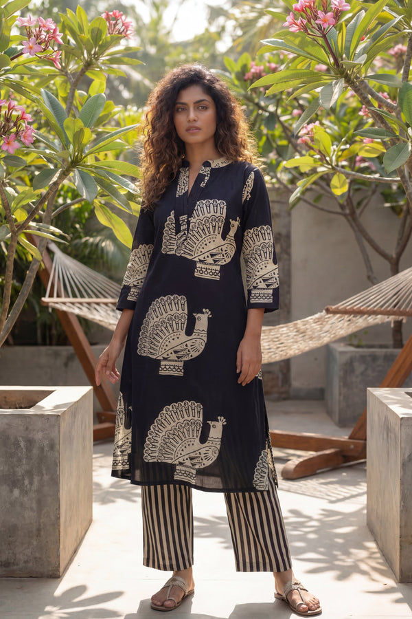 Peacock Elegance Black Cotton Co-ord Set