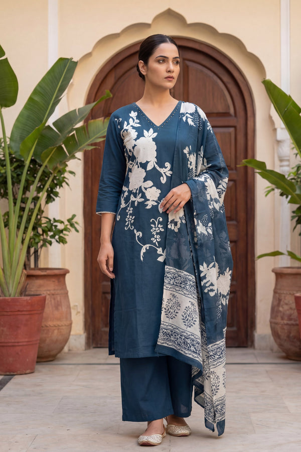 Cerulean Garden Pearl Floral Cotton Dupatta Set