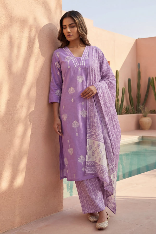 Lilac Palm Reverie Boota Cotton Dupatta Set