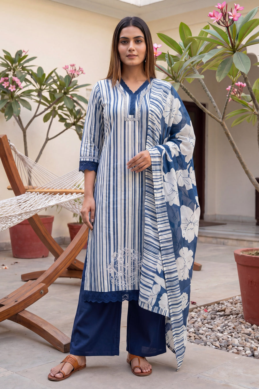 Shibori Mist Denim Dusk Striped & Floral Cotton Suit Set — image 6