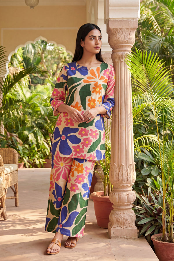 Cream Bloom Cascade Floral Cotton Co-ord Set