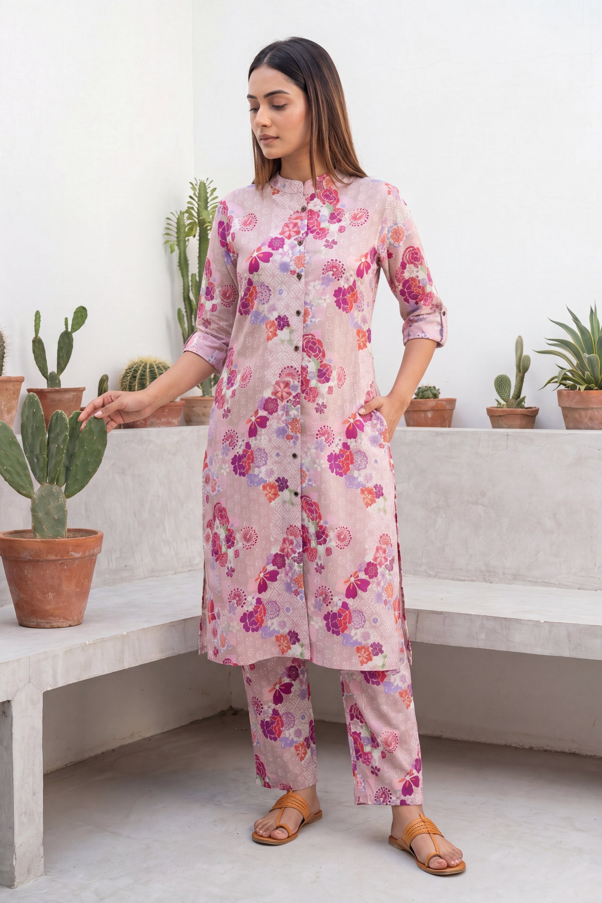 Petal Whisper Pink Mandarin Cotton Co-ord Set
