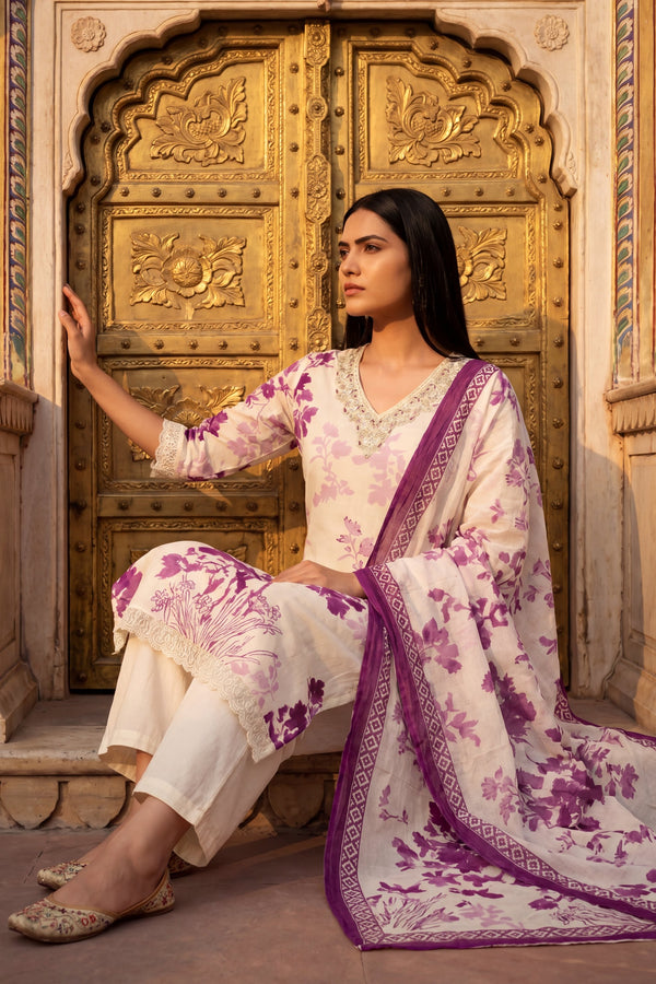 Silk Road Echo Plum Scattered Floral Cotton Suit Set