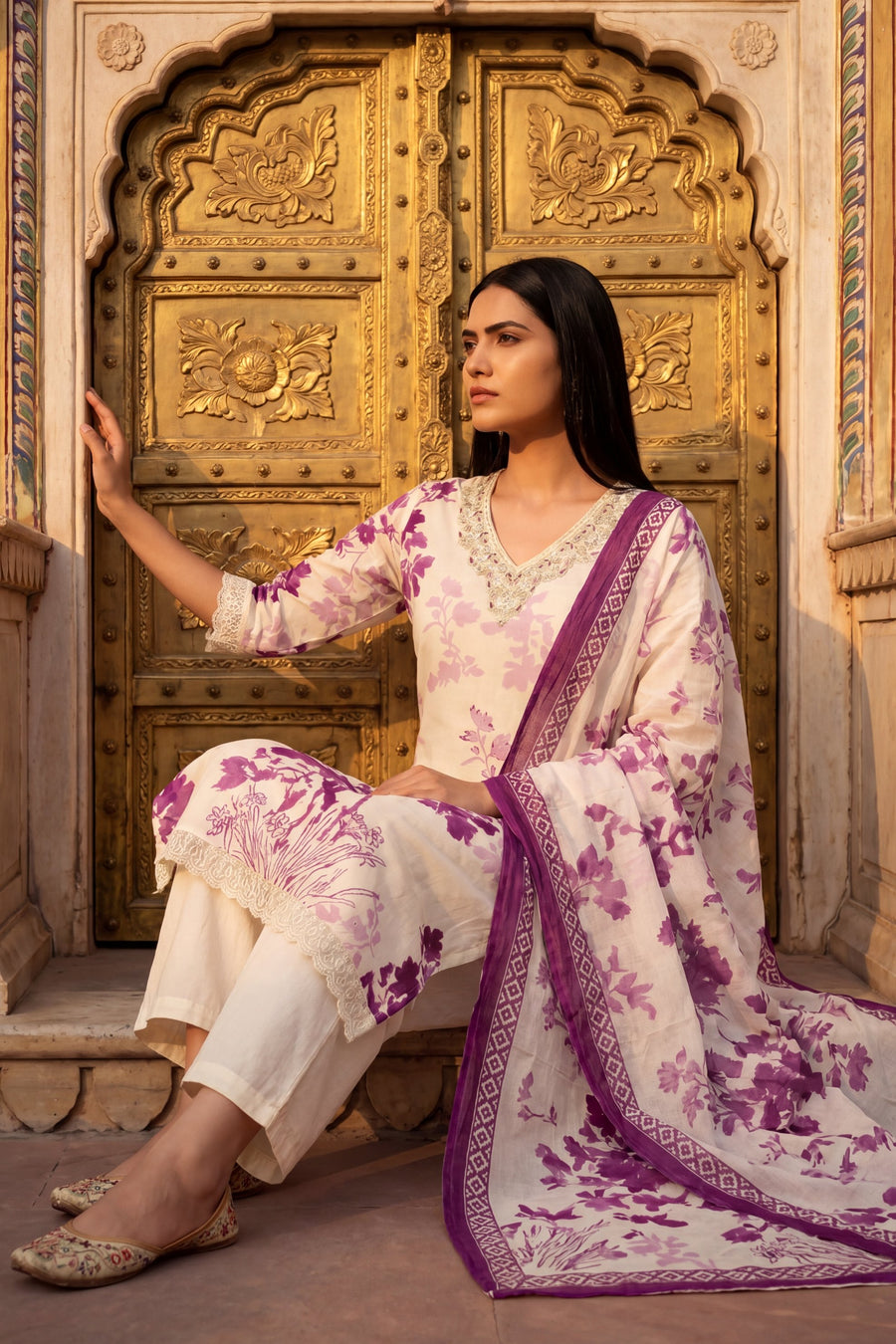 Silk Road Echo Plum Scattered Floral Cotton Suit Set — image 2