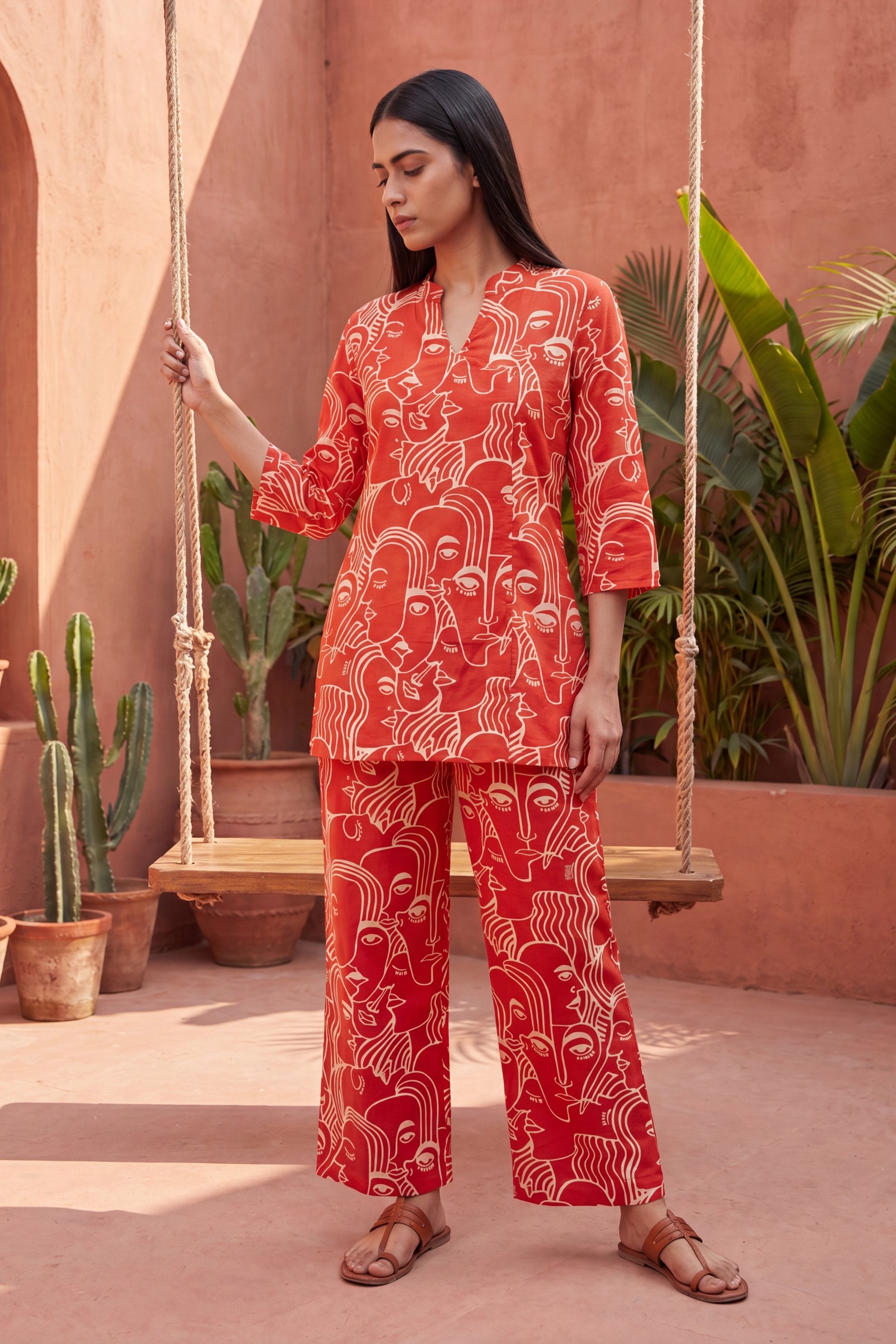Sunlit Bloom Orange Anghrakha Cotton Co-ord Set