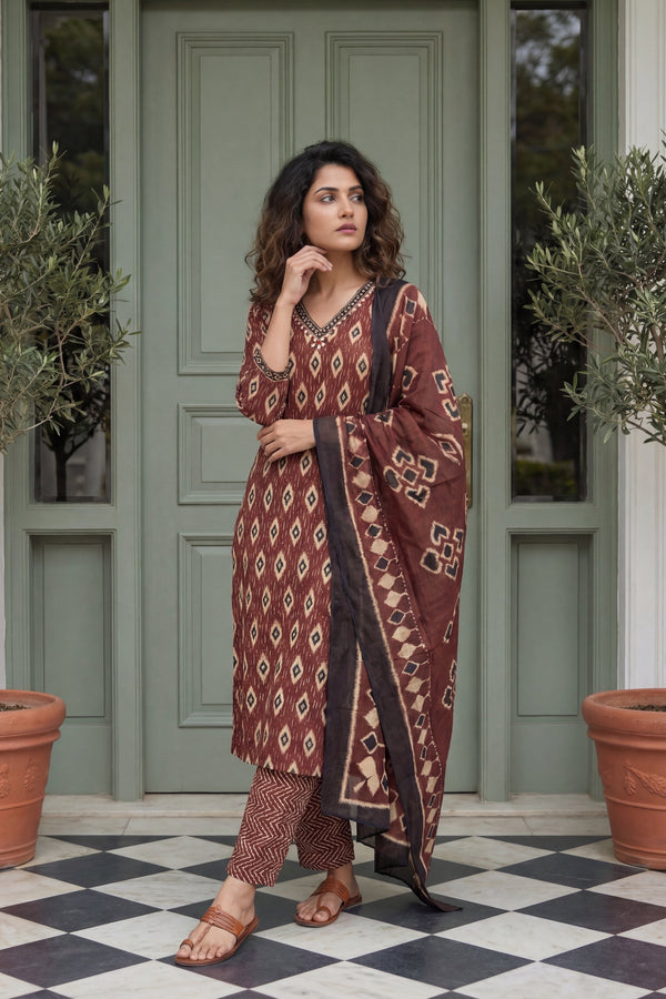 Burgundy Brilliance Cotton Kurta Dupatta Set