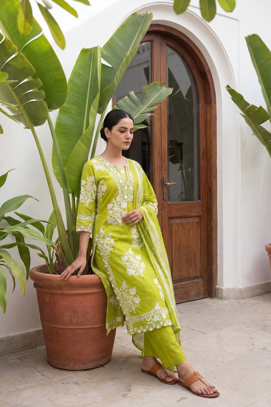 Lime Blossom Crest Floral Cotton Dupatta Set — image 5