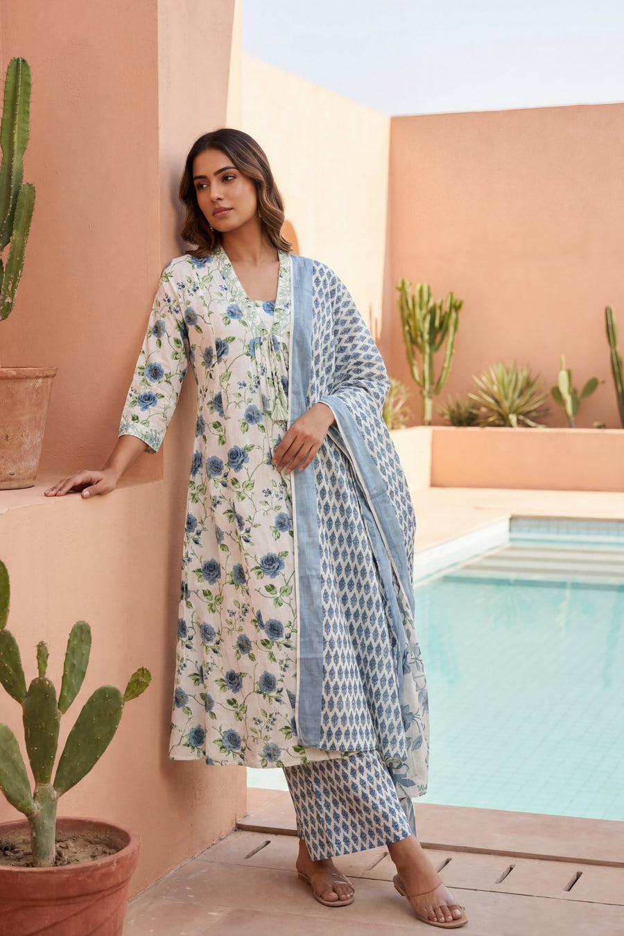 Ivory Rose Garden Blue Floral Cotton Dupatta Set — image 6
