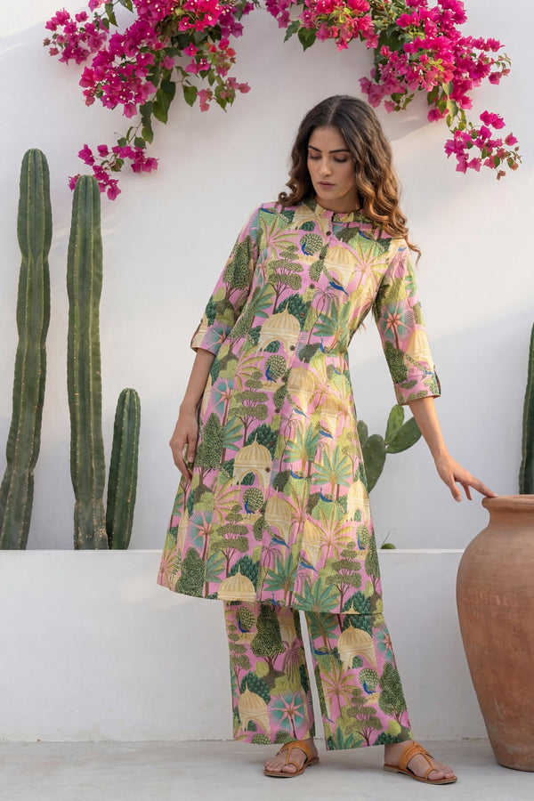 Peacock Palace Pink Tropical Cotton Co-ord Set
