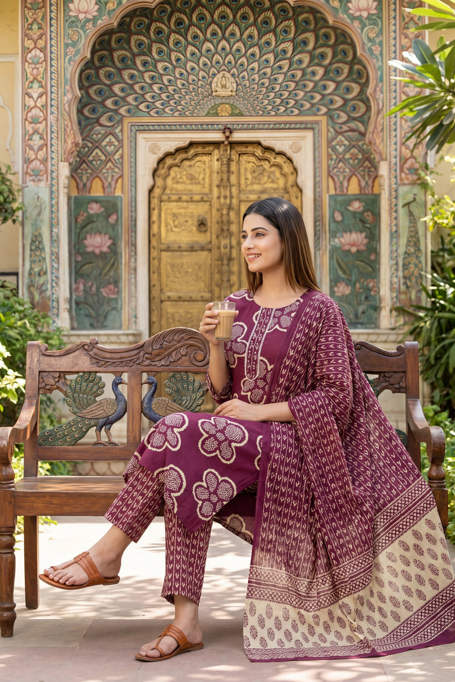 Woven Katha Plum Floral Cotton Suit Set — image 6