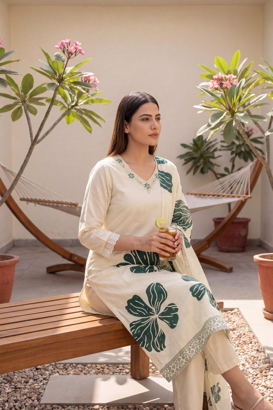 Sheesham Grove Ivory Leaf Print Cotton Suit Set — image 9