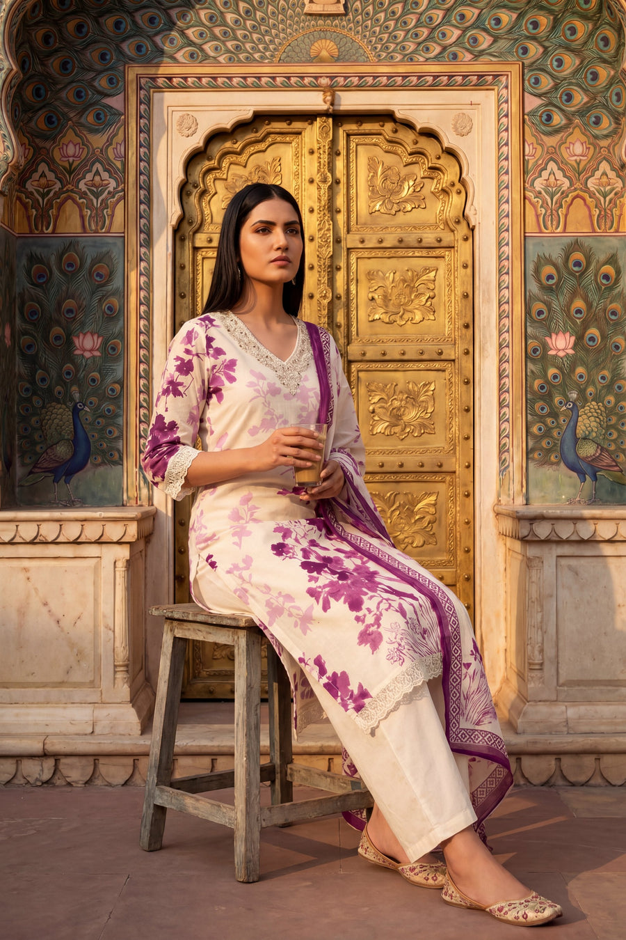Silk Road Echo Plum Scattered Floral Cotton Suit Set — image 7