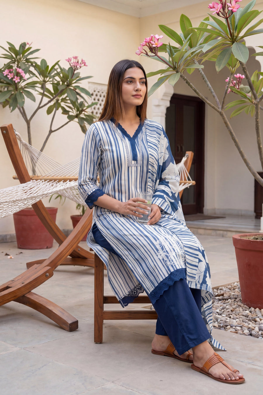 Shibori Mist Denim Dusk Striped & Floral Cotton Suit Set — image 7