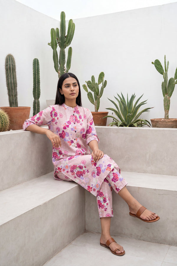 Petal Whisper Pink Mandarin Cotton Co-ord Set