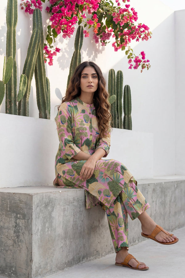 Peacock Palace Pink Tropical Cotton Co-ord Set