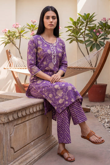 Tamarind Dusk Plum Floral Buti Cotton Suit Set