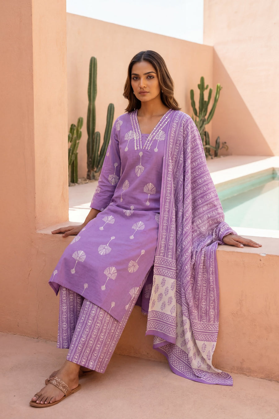 Lilac Palm Reverie Boota Cotton Dupatta Set — image 8