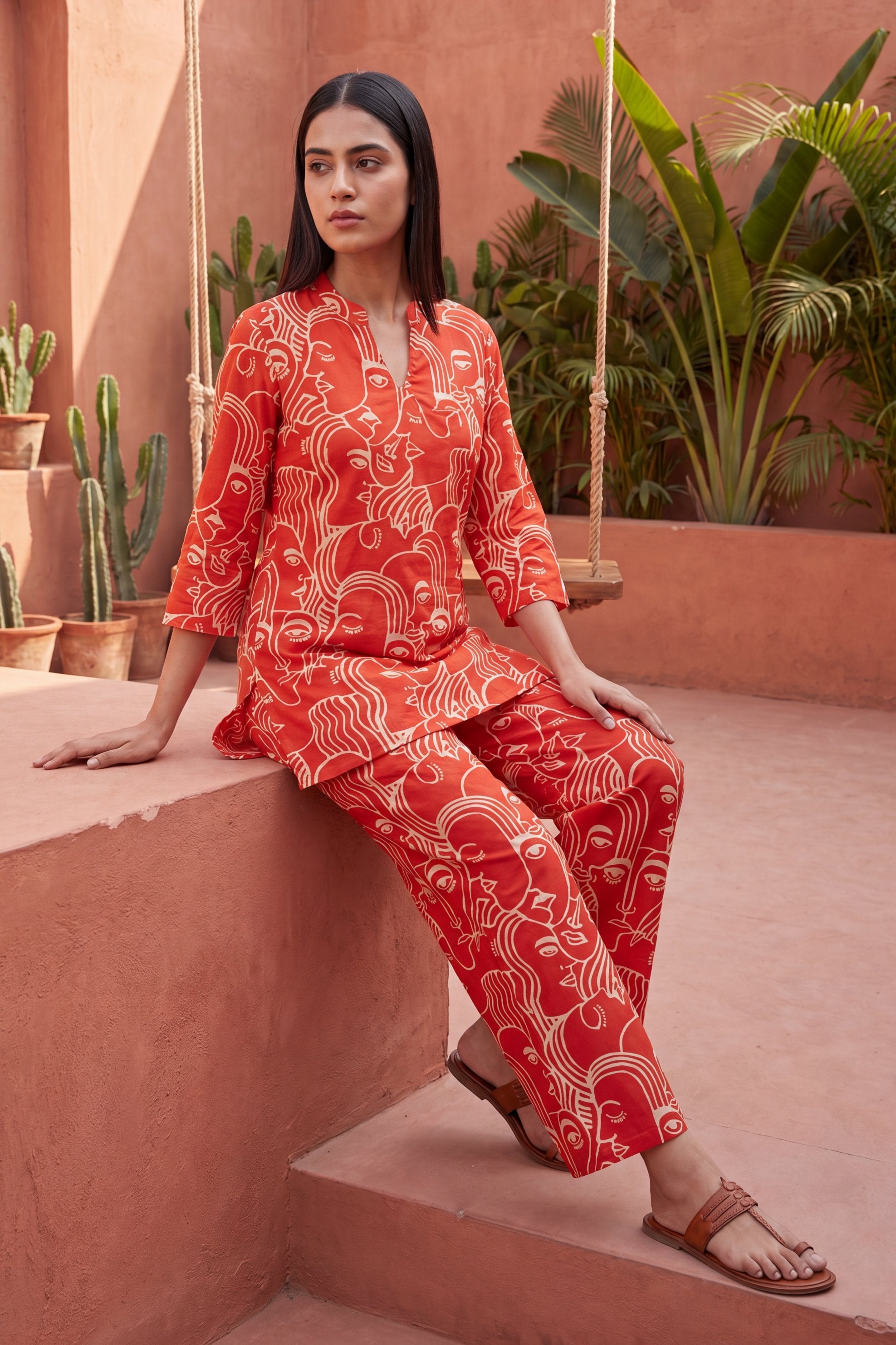 Sunlit Bloom Orange Anghrakha Cotton Co-ord Set