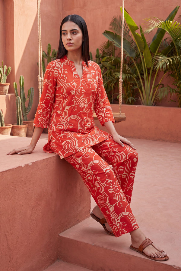 Sunlit Bloom Orange Angrakha Cotton Co-ord Set