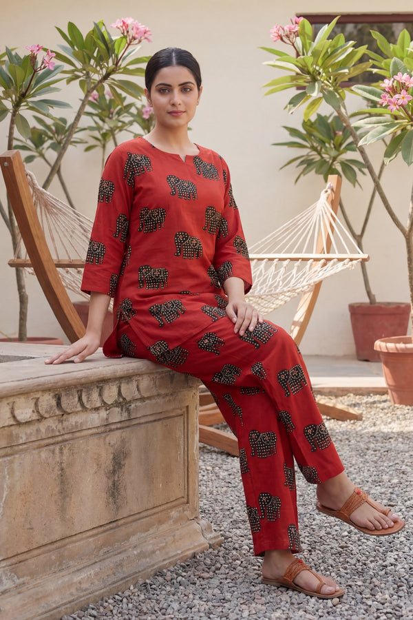 Crimson Angles: Red Geometric Cotton Co-ord Set
