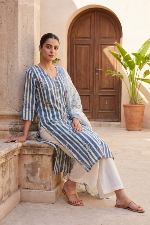Slate Sprig Elegance Stripe Cotton Dupatta Set