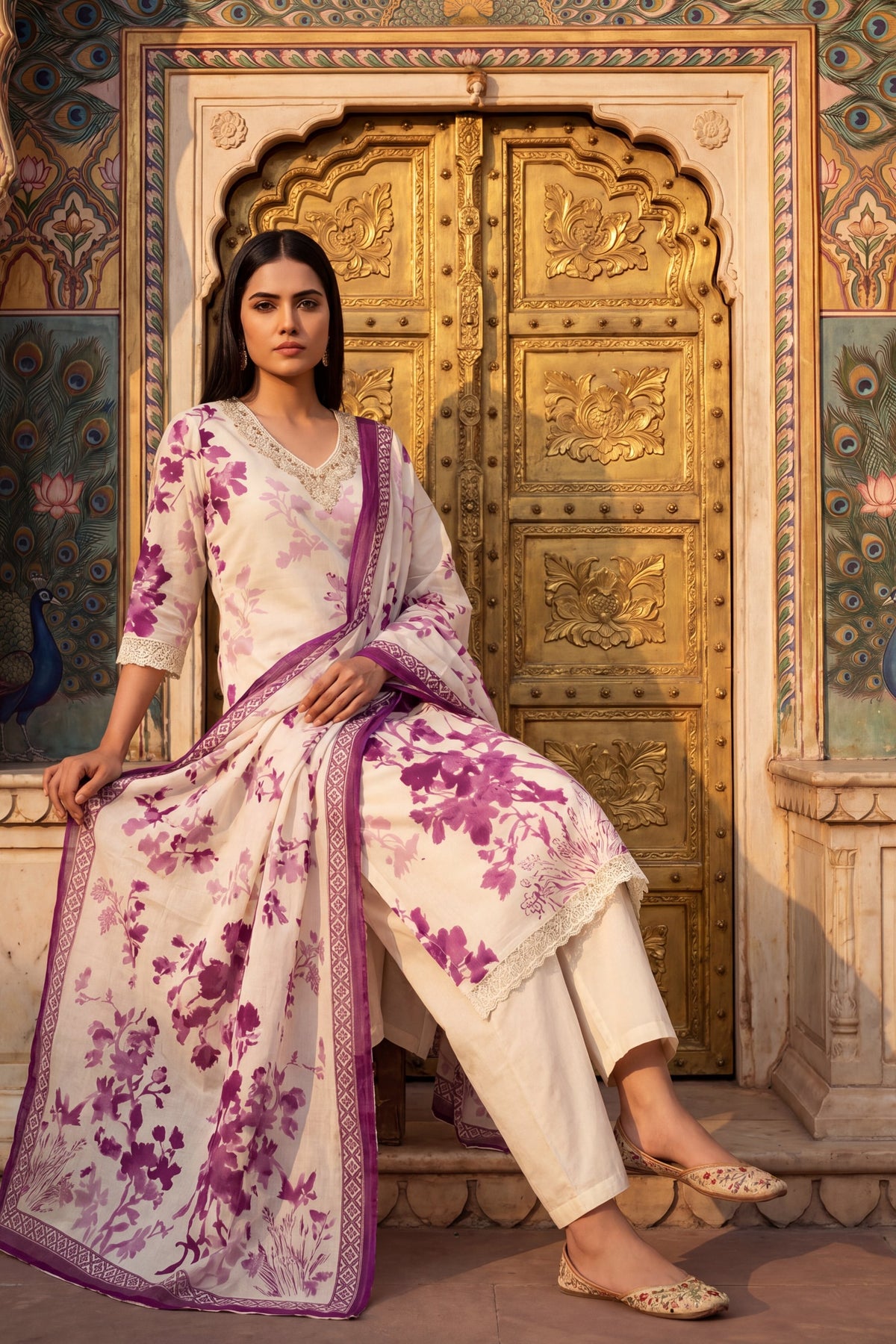 Silk Road Echo Plum Scattered Floral Cotton Suit Set