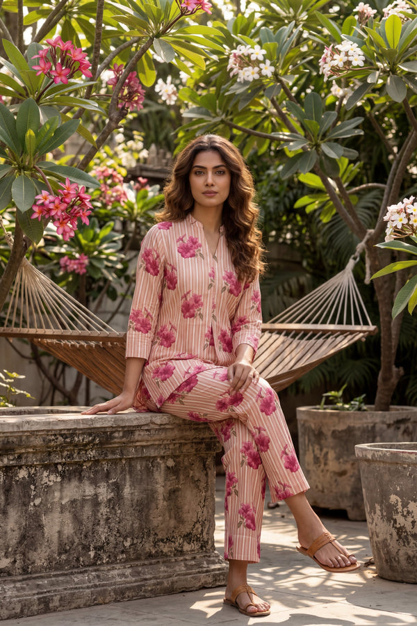 Blossom Stripe Peach Cotton Co-ord Set