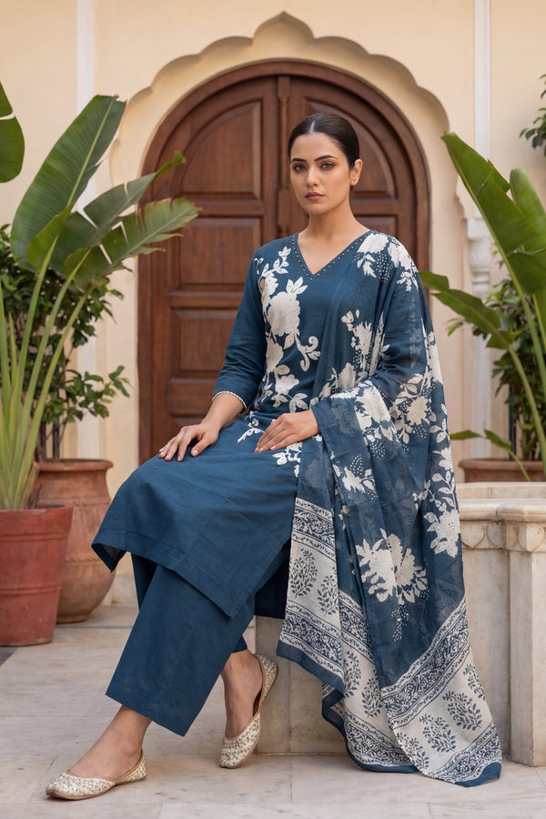 Cerulean Garden Pearl Floral Cotton Dupatta Set
