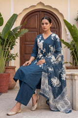 Cerulean Garden Pearl Floral Cotton Dupatta Set | Me&My