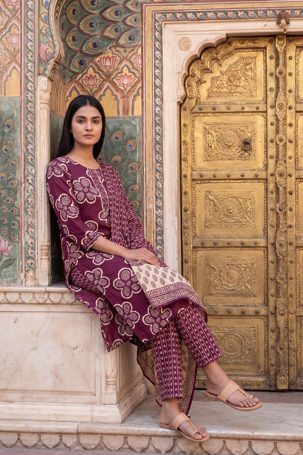 Woven Katha Plum Floral Cotton Suit Set